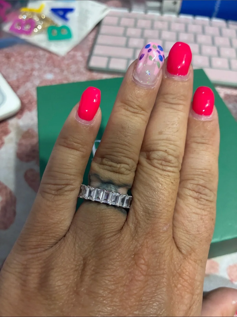 Silver Baguette-Cut Eternity Band - Pink Accent Styling